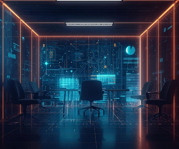 Empty modern meeting room with digital data overlays