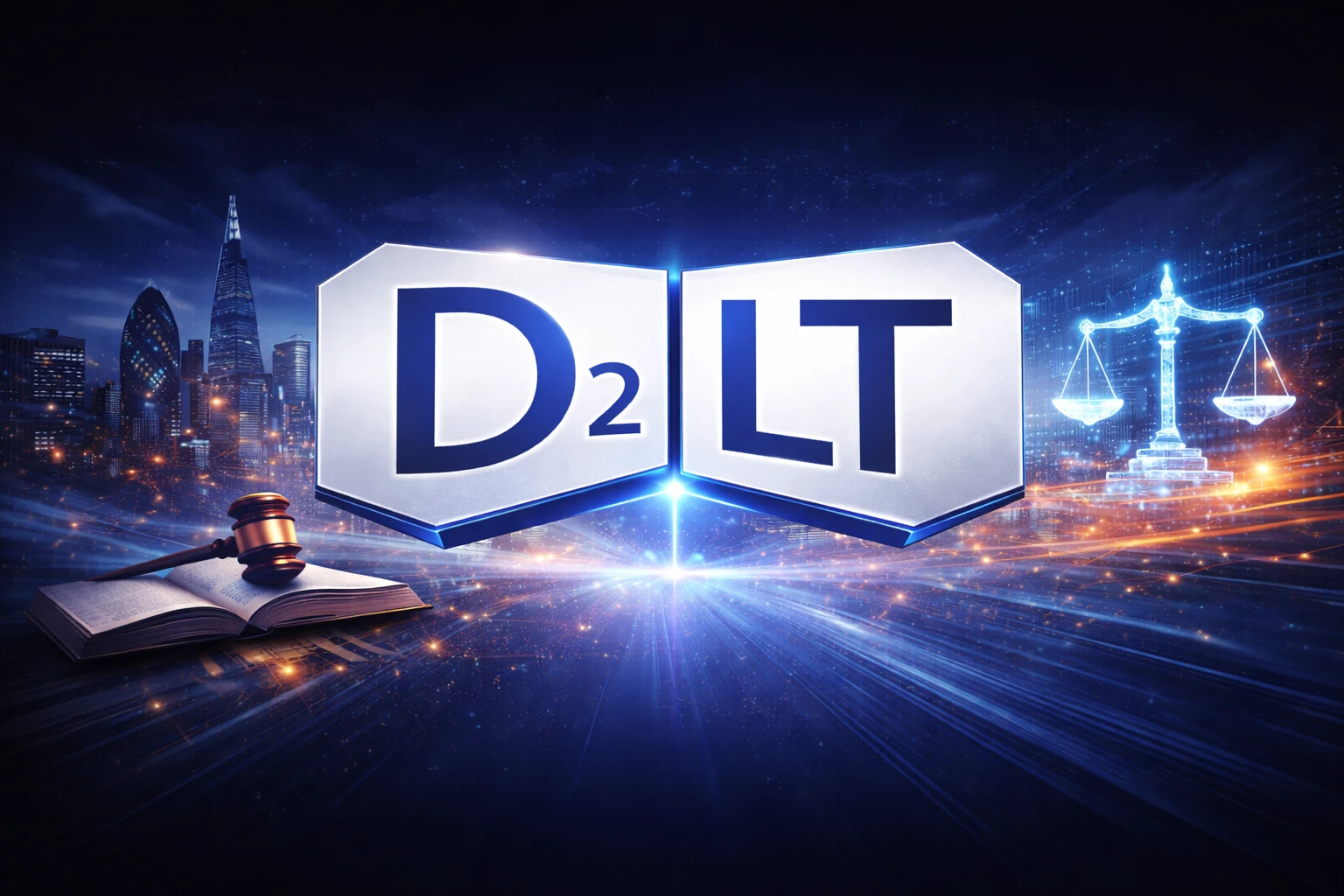 D2 Legal Technology emblem with the scales of justice over a city skyline