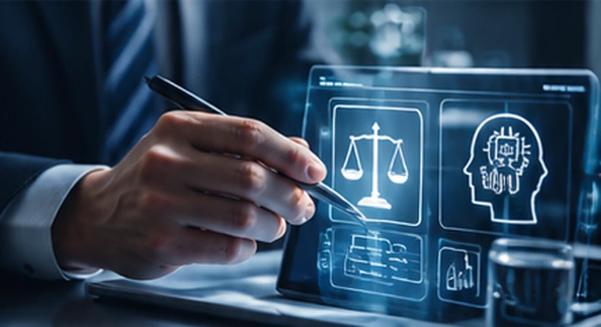 A professional using a stylus on a tablet displaying scales-of-justice and AI icons
