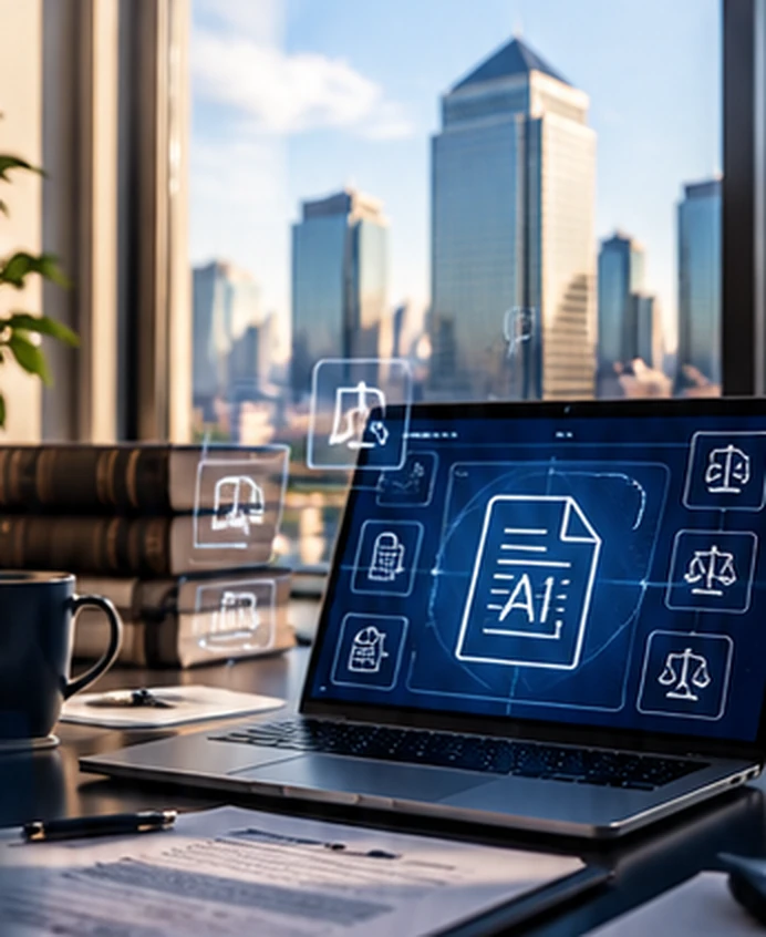 A laptop showing AI and legal document icons on a desk, with Canary Wharf towers visible through the window