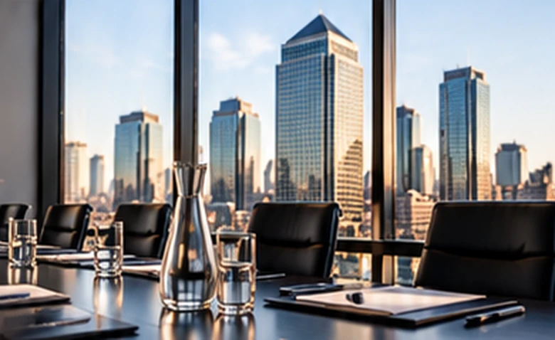 A boardroom table with water glasses, overlooking the Canary Wharf skyline